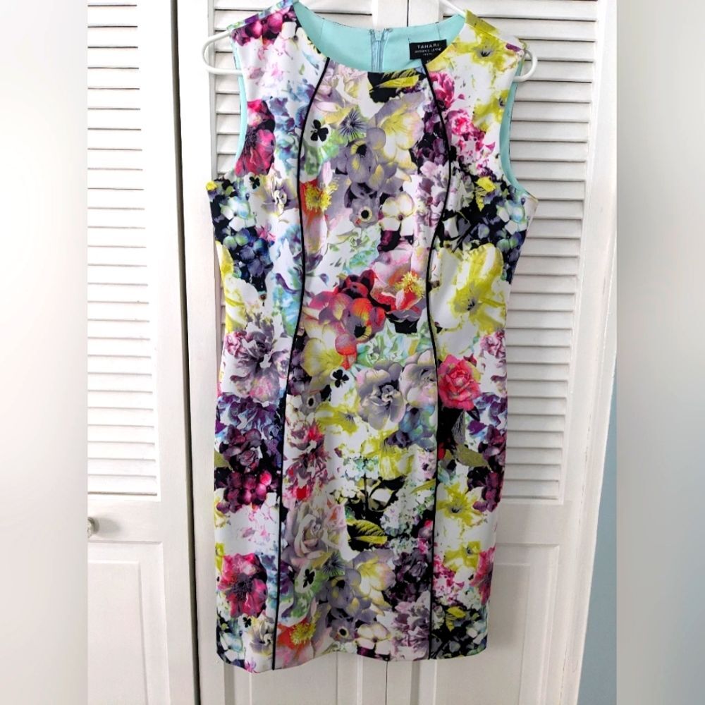 TAHARI ASL Women's sz 8P Sleeveless Pink Black Purple Floral Sheath Career Dress